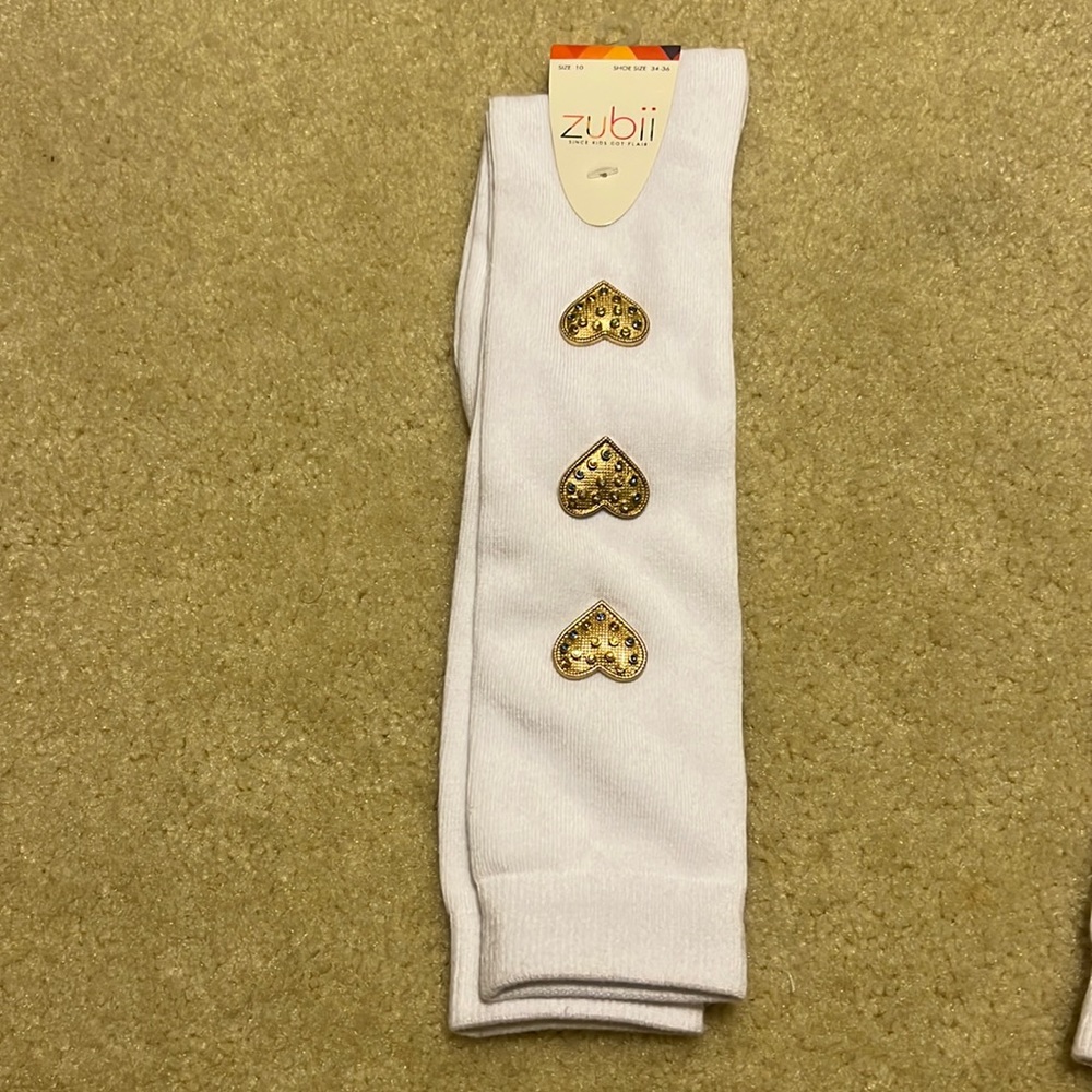 Zubii White Embellished Socks Gold Hearts Iridescent Rhinestones NWT Size 10